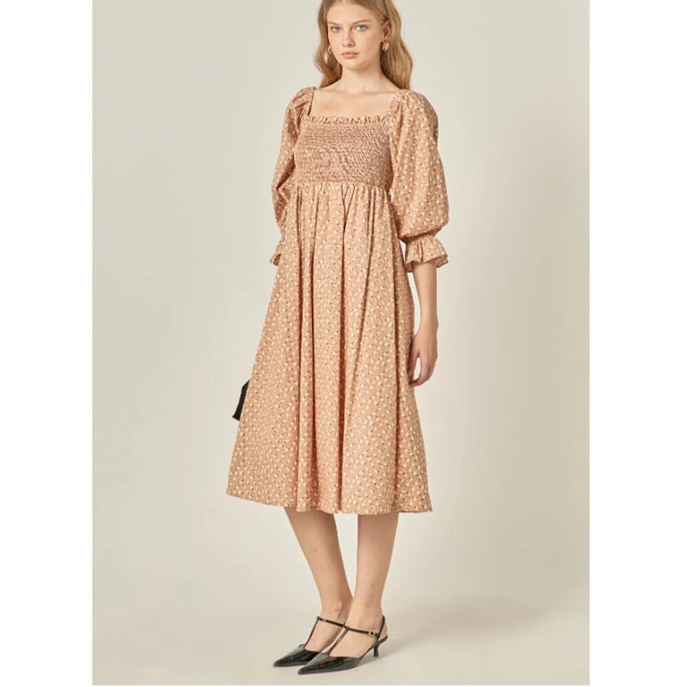English Factory Tan Ditzy Floral Smocked Puff Sleeve Midi Dress Size XS